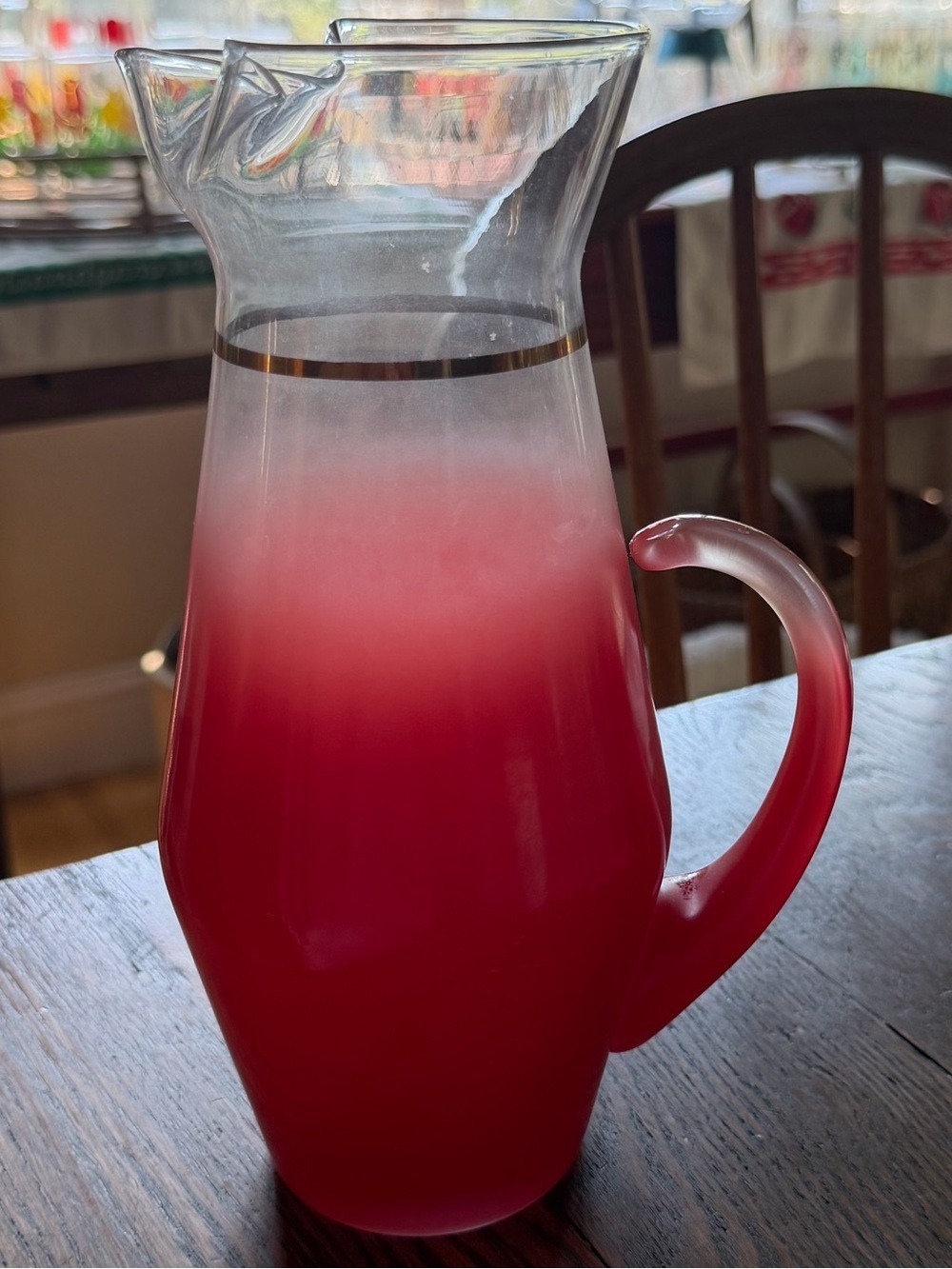 Vintage Blendo Ombré MCM Glass Pitcher Gold Rim Red Orange EC